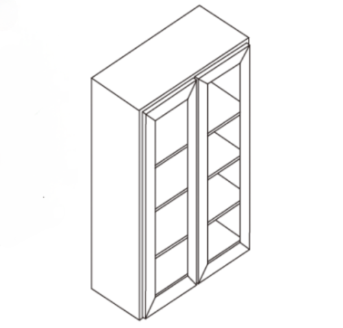 Isometric line drawing of a double-door cabinet with shelves inside.